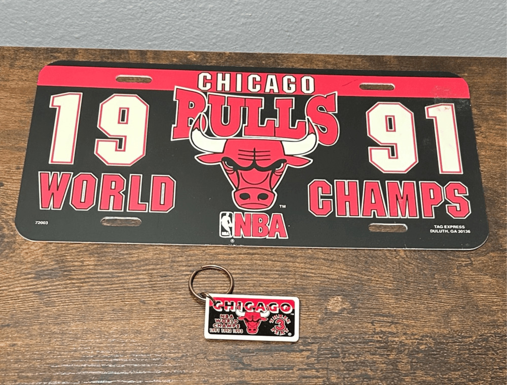 Vintage Chicago Bulls 1991 NBA Championship License Plate & 3 Peat Key Chain